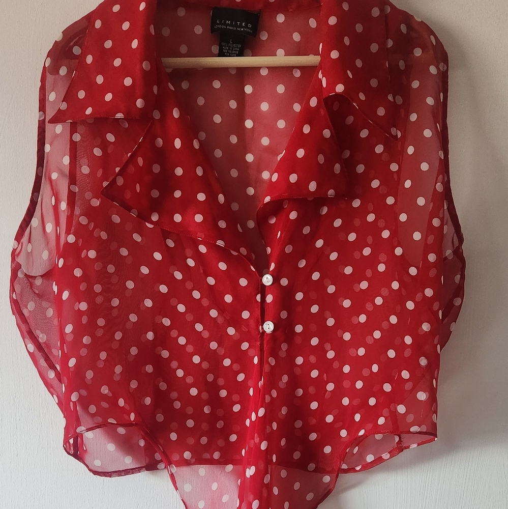 Red Chiffon Sleeveless Blouse with White Polka Dots - Size Med. Tie in the Front - Picture 8 of 13